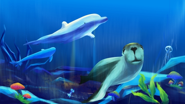 维护可爱海豚海狮海洋生态文明商业插画