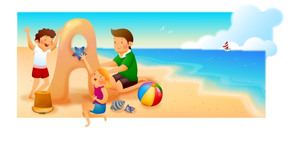 孩子在海边玩沙
