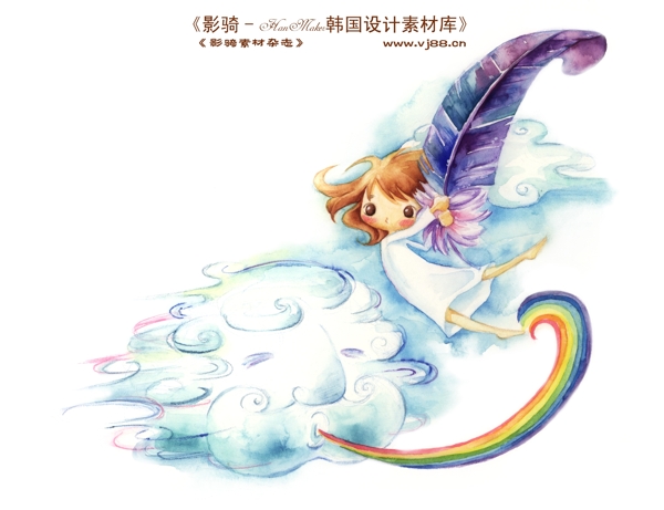 HanMaker韓國(guó)設(shè)計(jì)素材庫背景卡通漫畫淡彩兒童女孩云朵