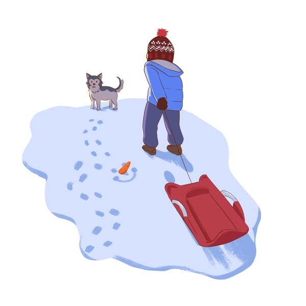 滑雪插画冬日带着小狗和雪橇去滑雪脚印