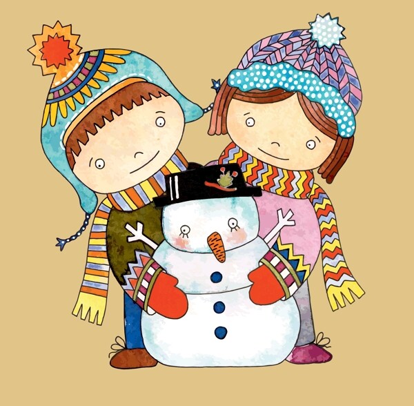 孩子們堆雪人卡通矢量素材