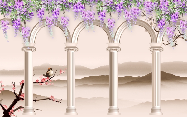 水墨羅馬柱花玄關(guān)屏風(fēng)背景底紋素
