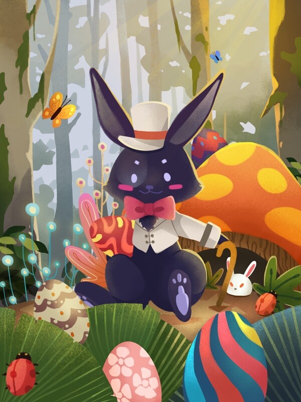 复活节兔子彩蛋森林手绘噪点插画