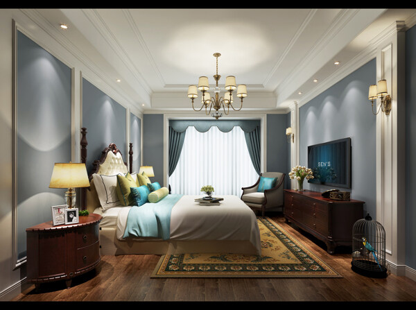 美式清新卧室土黄色地毯室内装修效果图