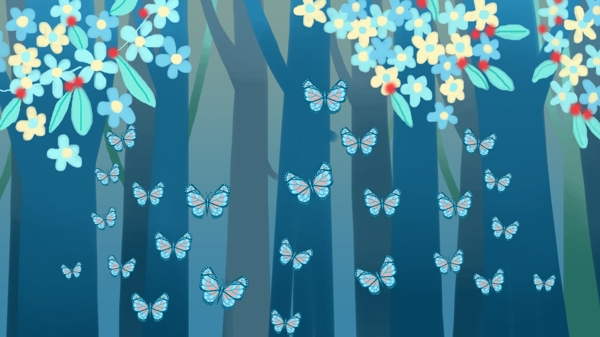 蓝色治愈系卡通森林背景设计