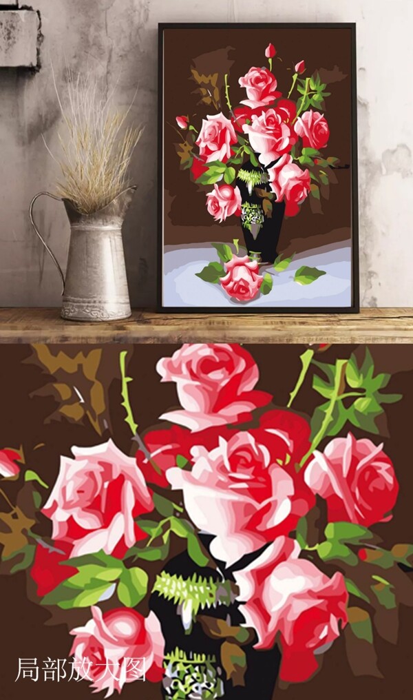 竖图粉色玫瑰花油画客厅装饰画
