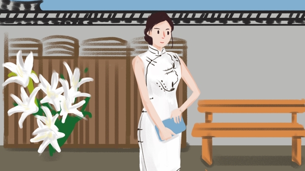 民国白色旗袍女人插画