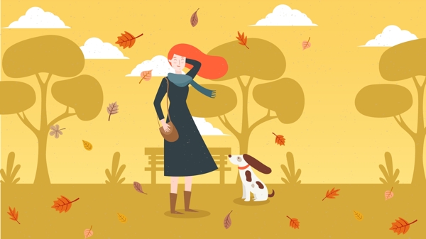 秋分秋天公园里遛狗的女孩矢量插画