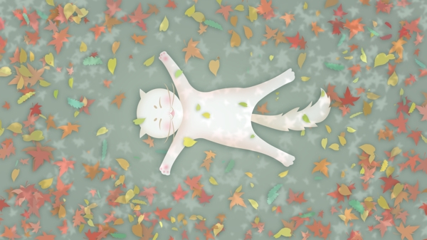 秋分树荫下躺在落叶上的小猫咪