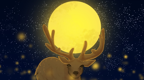 温馨治愈系月亮与星空下的鹿插画
