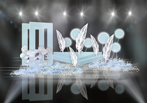 蓝色双层舞台镂空屏风叶子雕塑婚礼效果图