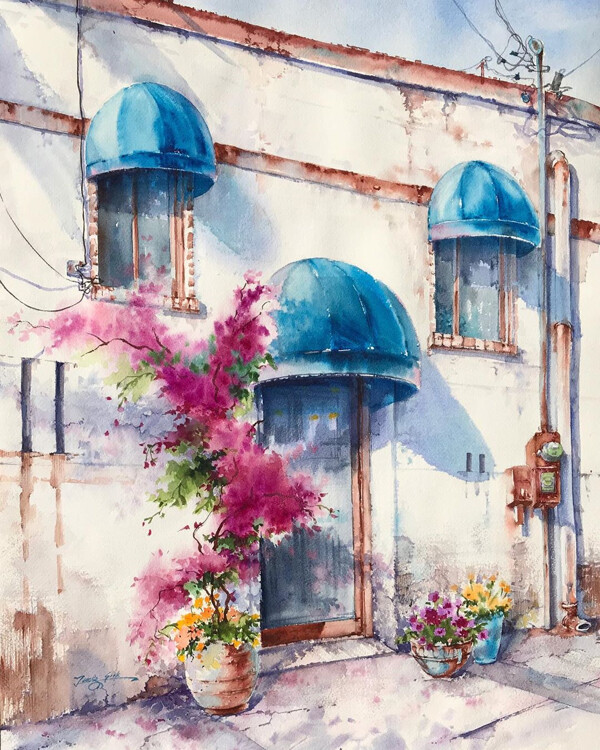 水彩街道花朵绘画