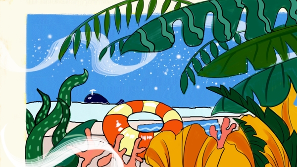 简约描边风格处暑海边游泳圈植物插画