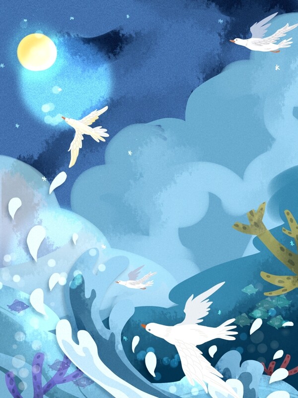 夜晚海面海鸥飞翔插画背景
