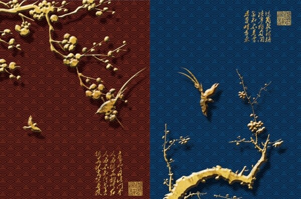 中式金色浮雕花鸟装饰画