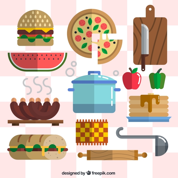 扁平化食物和厨具矢量素材