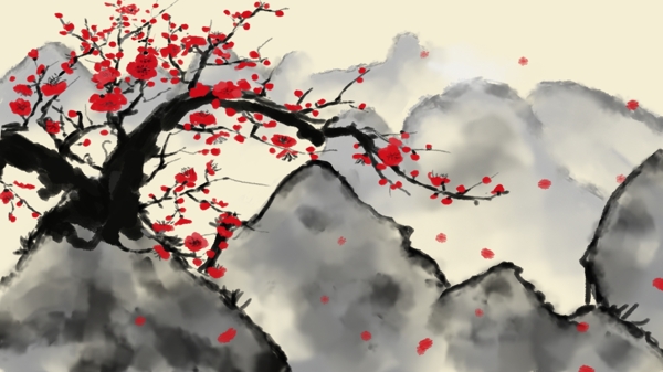 中国风梅花山水壁纸花瓣飘落红色鲜艳花朵