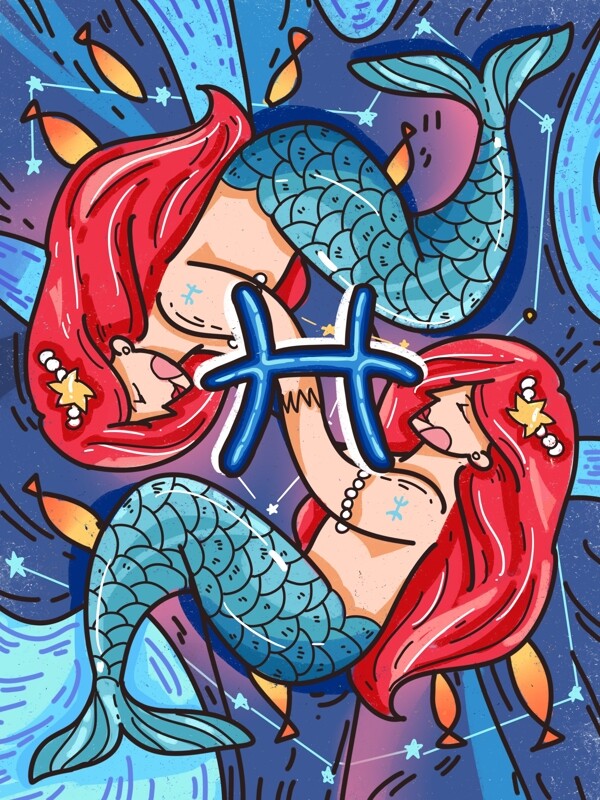 双鱼座美人鱼十二星座蓝色描边线稿插画