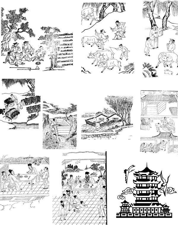 古代白描場景圖片