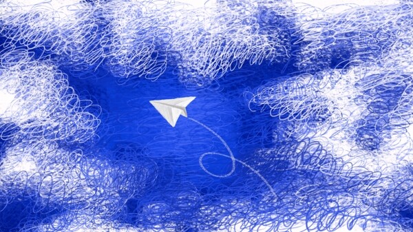 手绘抽象蓝天白云纸飞机线圈治愈插画