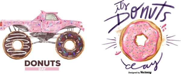 水彩卡通甜甜圈汽车图案