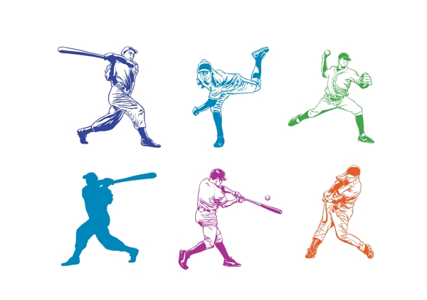 彩色棒球运动剪影素材