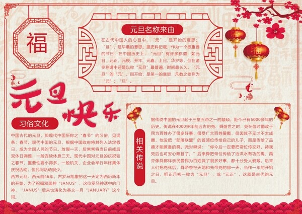 中國(guó)風(fēng)紅色元旦手抄報(bào)psd