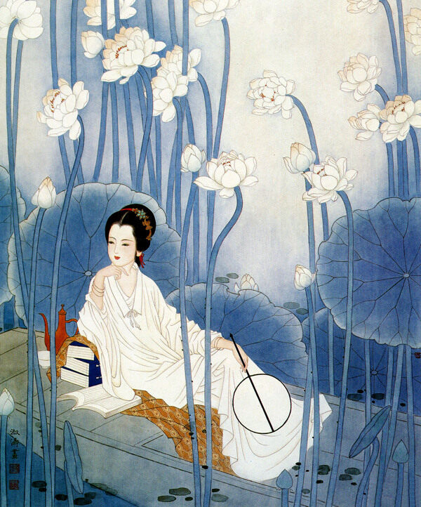 荷塘仕女圖片