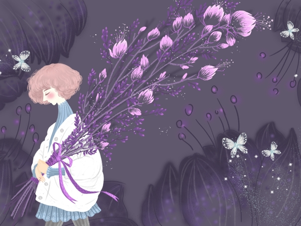 紫色花束短发女孩卡通插画