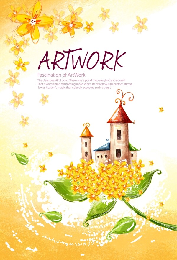 手绘线描花卉与童话城堡PSD分层素材