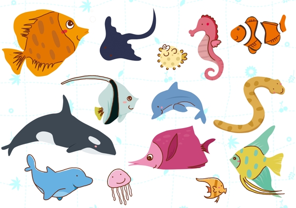 可爱动物卡通素材鱼蛇水母海豚海马河豚小丑鱼