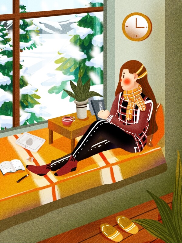 冬天你好窗台看书雪景植物挂钟少女肌理