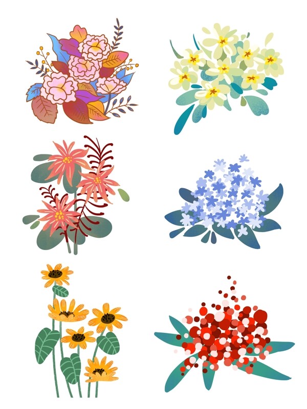 6组卡通手绘彩色花朵花卉装饰元素图案合集