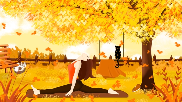 女孩秋天树林草地上做瑜伽原创插画