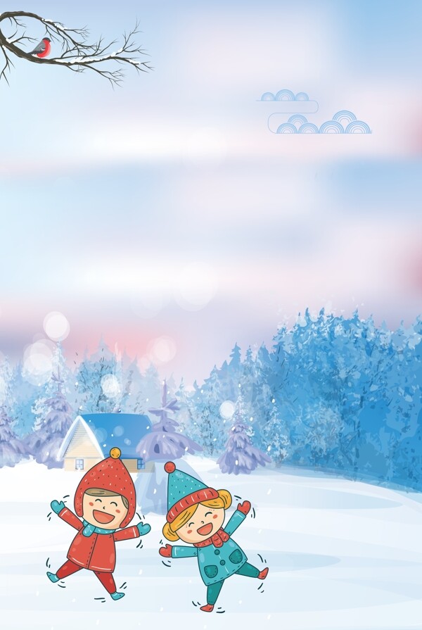 彩绘冬季大雪节气雪地儿童背景素材
