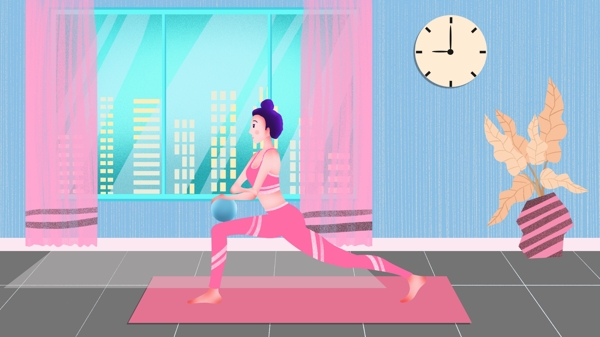 瑜伽系列4时尚清新室内瑜伽健身女孩插画