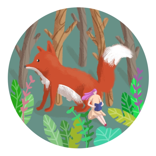 春天树林里女孩和狐狸梦幻世界图片