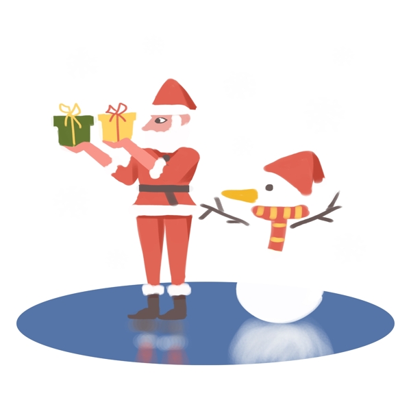 卡通手绘扁平雪天圣诞节圣诞老人雪人冰面送礼物侧面