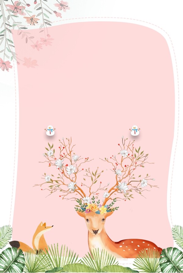 手绘麋鹿圣诞粉色背景
