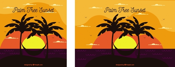 日落风景与椰子树吊床剪影