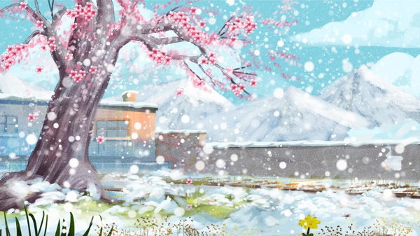 温馨唯美冬季大雪樱花树背景设计