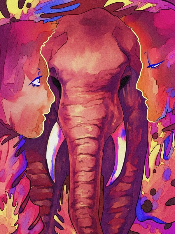 正负定义插画大象丛林动物人与自然少女少年