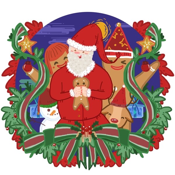 手绘圣诞场景圣诞老人姜饼人设计元素