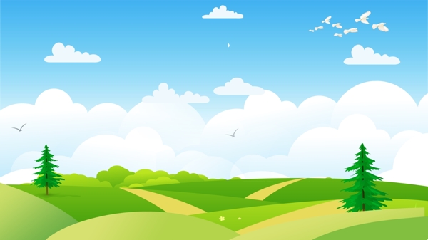 卡通手繪綠色風(fēng)景插畫背景