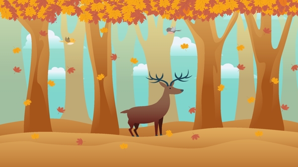 林深见鹿治愈系秋天树林里的鹿矢量插画