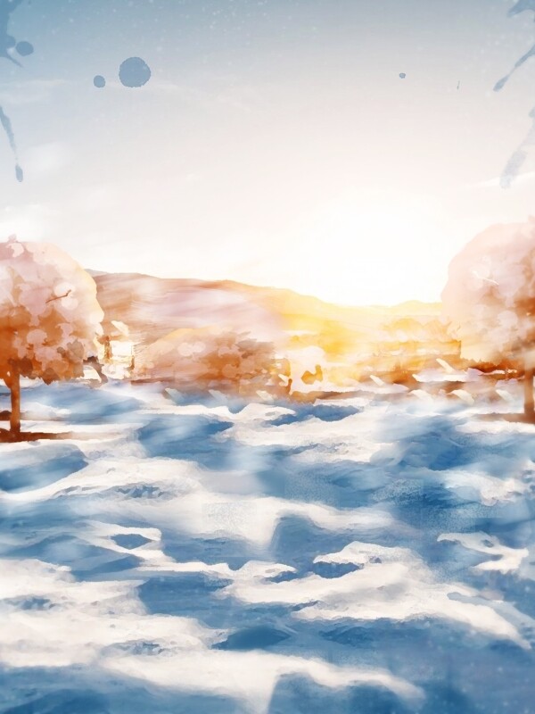 小清新冬季阳光手绘风格雪景海报背景