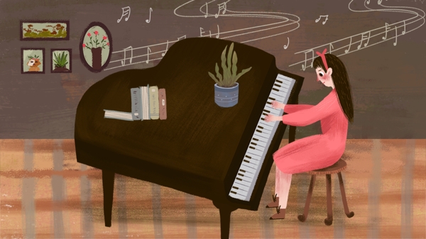 弹钢琴的女孩手绘插画