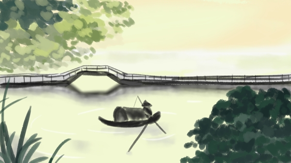 水墨画风船只桥夏天傍晚在钓鱼中国风壁纸