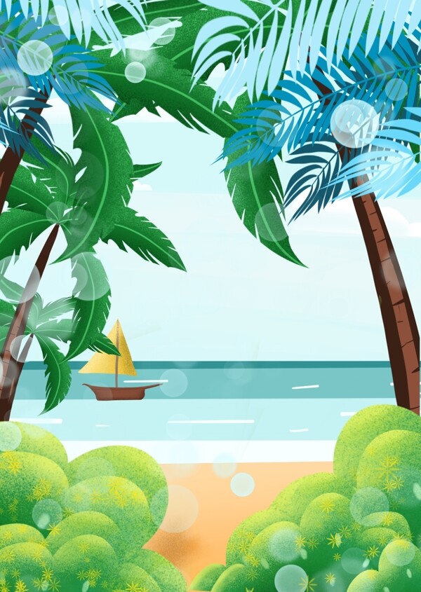 手绘夏日海滩椰树帆船背景设计