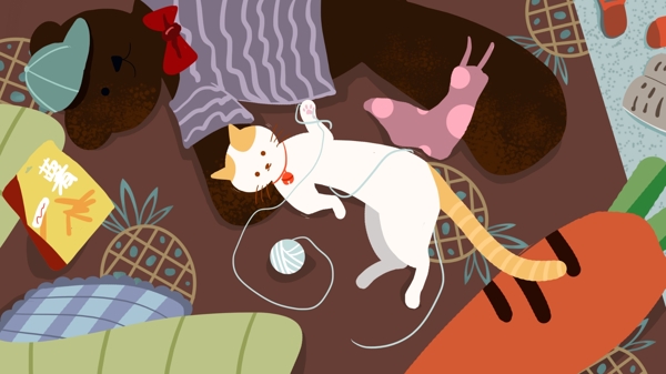 萌宠系列可爱猫咪床上玩毛线球卡通插画